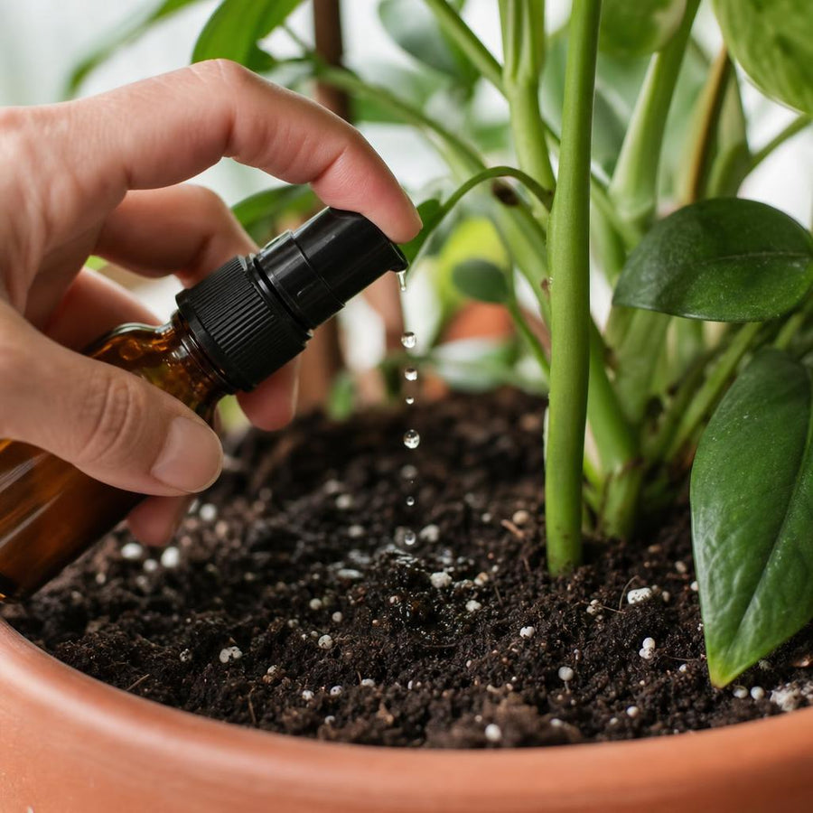 Aplicando activador de raíces en la tierra